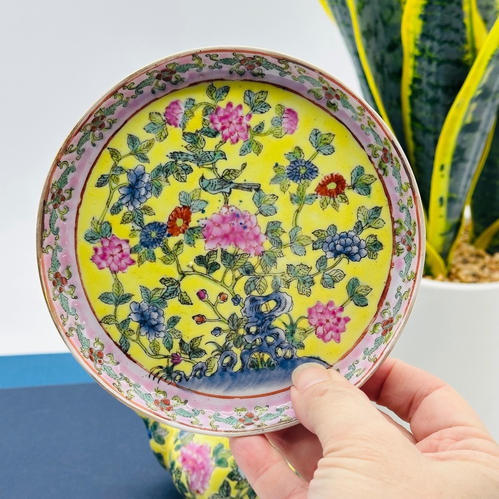 Famille Rose Miniature Tea Set Yellow Porcelain Floral Bird 7 Piece Collection